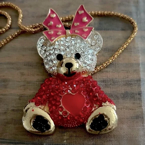 New Betsey Johnson Pink and Red Teddy Bear Pendant - Picture 1 of 4